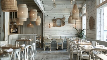 A cozy coastal cafe interior features rustic decor, wicker furniture, and natural light streaming in from large windows. Pendant lights hang from the wooden ceiling, adding warmth to the space.