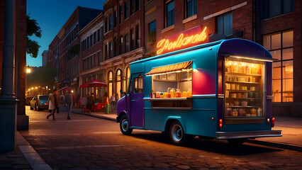 Nighttime food truck on a city street