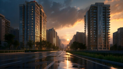 Fototapeta premium Sunset cityscape with wet streets