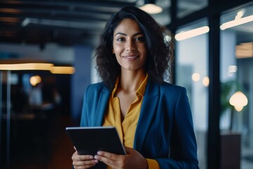 Portrait of businesswoman holding tablet and looking at camera smiling Portrait of businesswoman holding tablet and looking at camera smiling