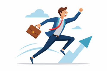 Business milestones: - Businessman jumping in air and reaching milestone with briefcase in hand. Vector illustration with white background