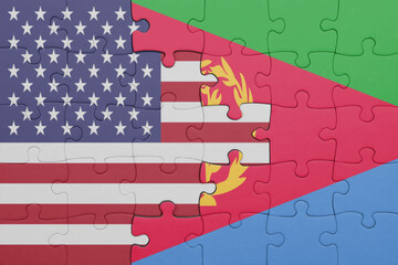 puzzle with the colourful national flag of eritrea and flag of united states of america .