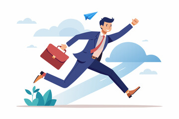 Business milestones: - Businessman jumping in air and reaching milestone with briefcase in hand. Vector illustration with white background