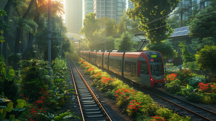 Obraz premium As twilight descends, a lush, green vertical city comes to life, where sleek trains seamlessly blend with the surrounding nature. This scene is created by Generative AI.