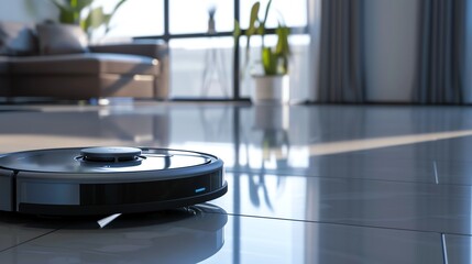 The robotic vacuum cleaner efficiently cleans the floor, leaving it spotless.