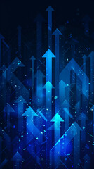 A myriad of luminous blue arrows pointing upward against a dark backdrop, symbolizing upward movement and dynamic growth. Generative AI