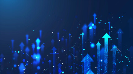 A myriad of luminous blue arrows pointing upward against a dark backdrop, symbolizing upward movement and dynamic growth. Generative AI
