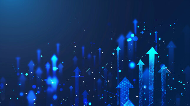 A myriad of luminous blue arrows pointing upward against a dark backdrop, symbolizing upward movement and dynamic growth. Generative AI