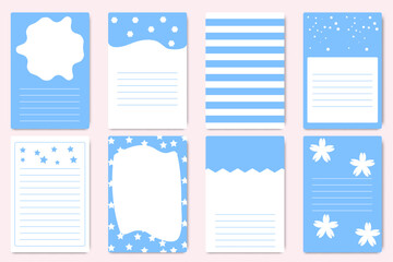 Collection of weekly or daily planner, note paper, to-do list in soft blue color. Modern template for agendas and planners. Flat design. Vector illustration.