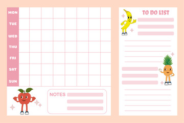 Weekly planner. Weekly calendar design template for children with cute fruit characters in a groovy style. Flat lay, pastel colors. Back to school. Vector illustration.