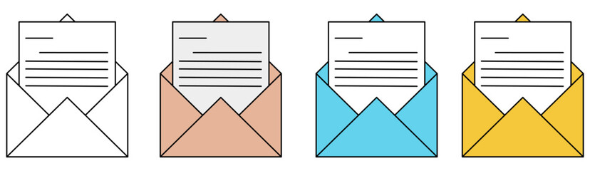 Set of icons of an envelope that has been opened and paper sticking out.