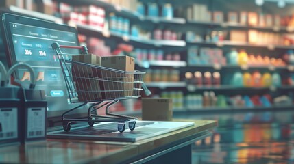 Miniature cart from a supermarket near a laptop and a site of online purchases on the background of a supermarket store. Online purchases concept. Put the goods in the basket.