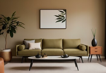 Chic Mid-Century Style: Black Olive Decor with Cozy Sofa, Grouped Chairs, and Elegant Poster