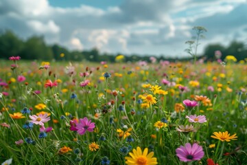 Fototapeta premium Colorful Wildflower Meadow under Blue Sky