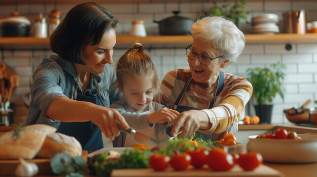 Little 6s girl cooking with loving mom and granny in kitchen, playful multi-generational family having fun, laughing, enjoy cookery and communication on weekend at home. Ties, culinary, joint hobby