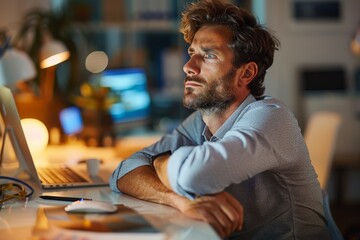 Obraz premium Focused Man Working Late in Office