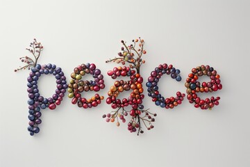 Artistic display of "peace" made of colorful berries on white backdrop