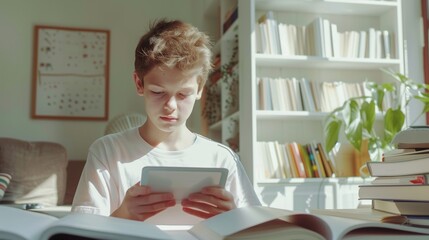 Photo of Schoolboy studying with digital tablet and doing school homework at home