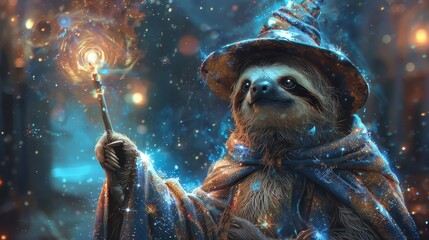Naklejka premium A wise and powerful sloth wizard stands in the forest, holding a staff. The sloth is wearing a blue robe and a wizard's hat. The staff is glowing with a soft light.