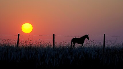 A horse standing by a fence, captured against the vibrant backdrop of a setting sun. The warm hues of the sunset create a beautiful contrast with the dark outlines of the horse and the fence. - Powered by Adobe
