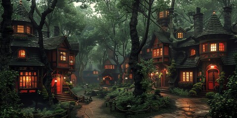 A whimsical, fairy-tale village nestled in a lush, green forest at dusk. The charming cottages with warm, glowing windows create a cozy and magical atmosphere. 