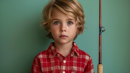 Young boy in a red checkered shirt with a fishing rod, seafoam green background.