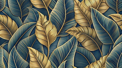 Tropical leaf Wallpaper. Stylized golden banana leaves.