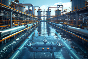 A panoramic view of a state-of-the-art hydrogen energy facility, where the intricate maze of pipes...