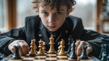 Young boy playing chess, dressed in a formal black suit, stark white background.