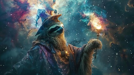 Naklejka premium A wise sloth wizard stands in the cosmos, his eyes glowing with ancient knowledge