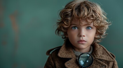 Young male child with a magnifying glass, detective look, wearing a dark brown coat, pale green background.