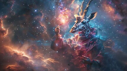A cosmic giraffe wizard stands among the stars, holding a paintbrush