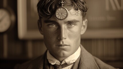 Young male in vintage 1920s attire with a pocket watch, rich sepia background