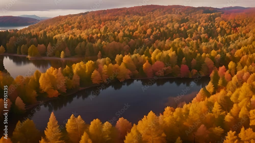 Aufkleber autumn trees surrounding lake from above generative ai