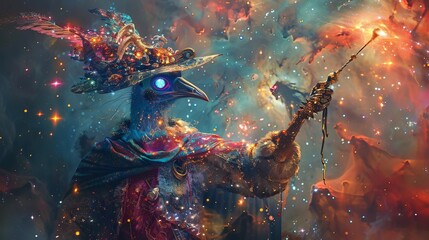 A cosmic entity wearing a plague doctor's mask and wielding a wand stands in the swirling vortex of a nebula, its eyes glowing with power.