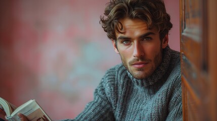 Young man in a smart grey sweater, reading a novel, pale rose pink background