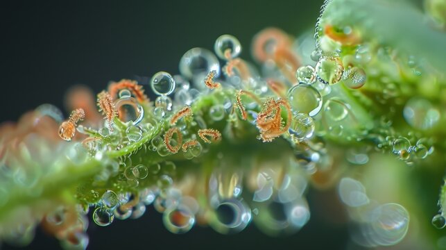 Close-Up of Cannabis Trichomes with Dew Drops on Green Leaf