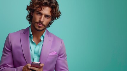 Young professional in a sharp purple blazer, holding a smartphone, soft teal background