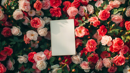 A white book with a blank cover mockup elegantly placed with many rose flowers on background
