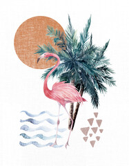 Tropical summer poster. Abstract print. Watercolor flamingo and palm trees. Hand drawn illustration