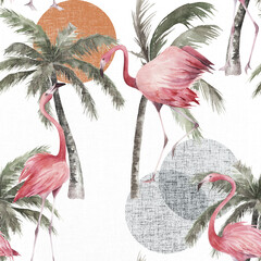 Watercolor seamless pattern with exotic flamingo, palm trees, sun on white background. Summer decoration print for wrapping, wallpaper, fabric. Hand drawn illustration