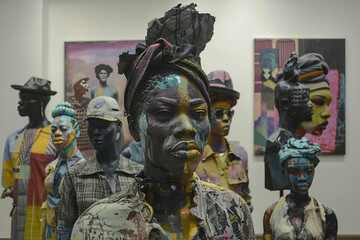 A group of Black artists showcase their paintings and sculptures at a Juneteenth art exhibition, celebrating Black creativity. 