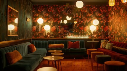 A vintage-themed lounge featuring floral wallpaper, ornate lighting, and plush seating, creating a warm, inviting atmosphere for relaxation and socializing at night.