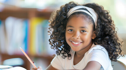 Smiling girl with curly hair writing at school desk surrounded by books