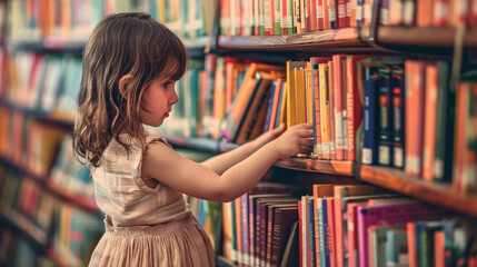 Little girl selecting a book from library shelf, focused on her choice
