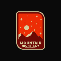 vintage retro classic vector of mountain hill peak rocky top mount landscape beautiful night midnight moon stars nature view over a black background with square shield stamp label badge emblem logo