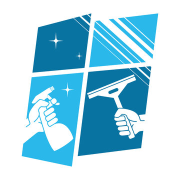 recommend clip art: Scraper and window cleaning liquid in hand. Symbol for window washing and house cleaning