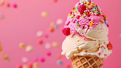 A delicious towering indulgence of three ice cream scoops in a waffle cone adorned with colorful sprinkles.