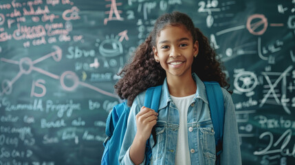 Smiling student with curly hair and backpack in front of a chalkboard with equations, back to school