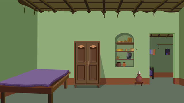 Living room interior. Indian Village hut interior Vector  illustration interior of a house